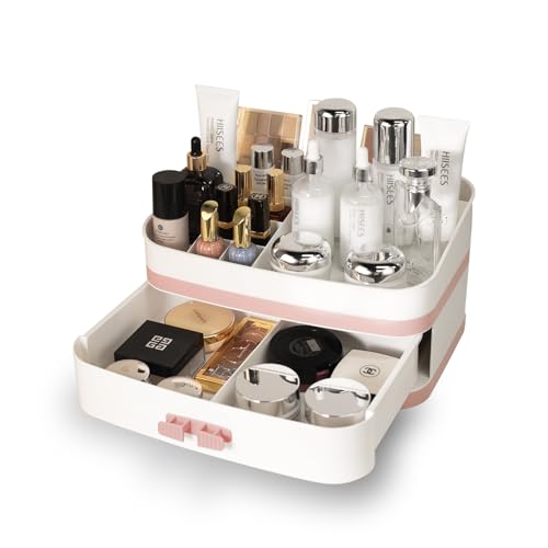 INVSSENE Large Makeup Organizer Countertop, Stackable Vanity Organizer with Drawer Cosmetic Organizer Tray, Make Up Organizers for Vanity, Makeup Storage Counter(Light Pink)