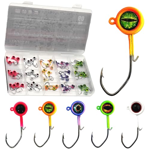 FINOSEAK 60Pcs Big Eye Crappie Jig Heads Kit, Bright Color Panfish Fishing Jig Heads Hook with Wired Bait Keeper Swimbait Jighead for Crappie Walleye 3 Sizes 1-32oz 1-16oz 1-8oz