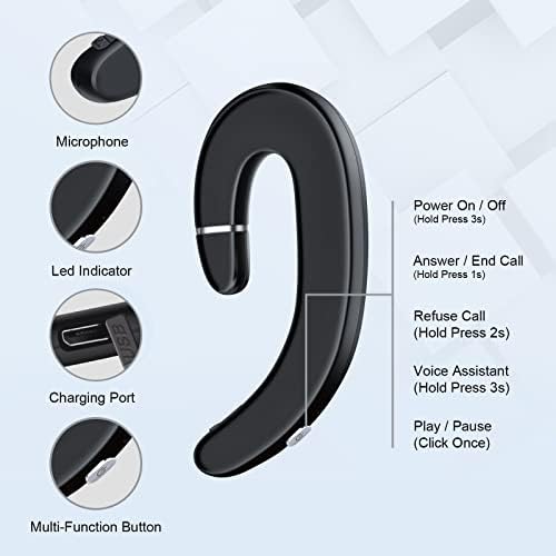 Aolcev Bone Conduction Headphones Wireless Bluetooth 5.0 Earphones Single Ear Sweatproof Wireless Earbuds Ear-Hook Bluetooth Headset with Mic Wireless Sports Headset for Gym Office Driving-Black