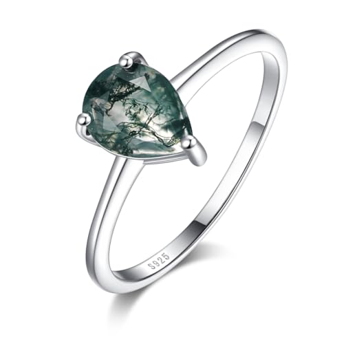 Natural Moss Agate Ring 925 Sterling Silver Teardrop Engagement Promise Ring for Women Jewelry Gifts
