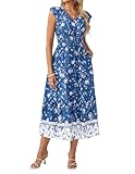 GRACE KARIN Women's Elastic Waist V-Neck Ruffle Sleeve A-Line Dress with Pocket Casual Summer Floral Print Dress Blue XL