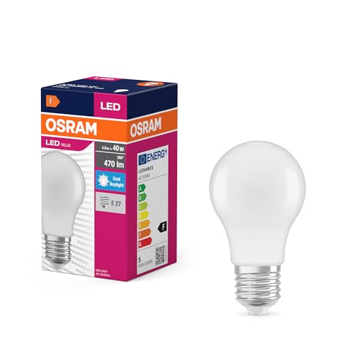 OSRAM Lampada LED Value Classic A40 forma lampadina 4,9W 865, 6500K luce diurna, E27, smerigliata, 470 lm, stabilità del colore