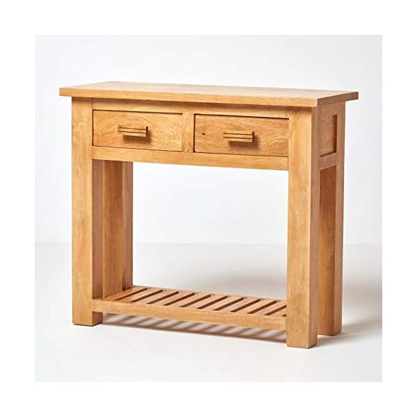 HOMESCAPES - Mangat - Small Console Table - 100% Mango Wood Furniture With 2 Drawers and a Storage Shelf