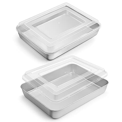 E-far Toaster Oven Baking Pan with Lid, 10.4”x 8”x 2” Stainless Steel Rectangle Sheet Cake Pans with Covers, Small Bakeware for Cakes Brownies Casseroles, Non-toxic & Dishwasher Safe -Set of 2