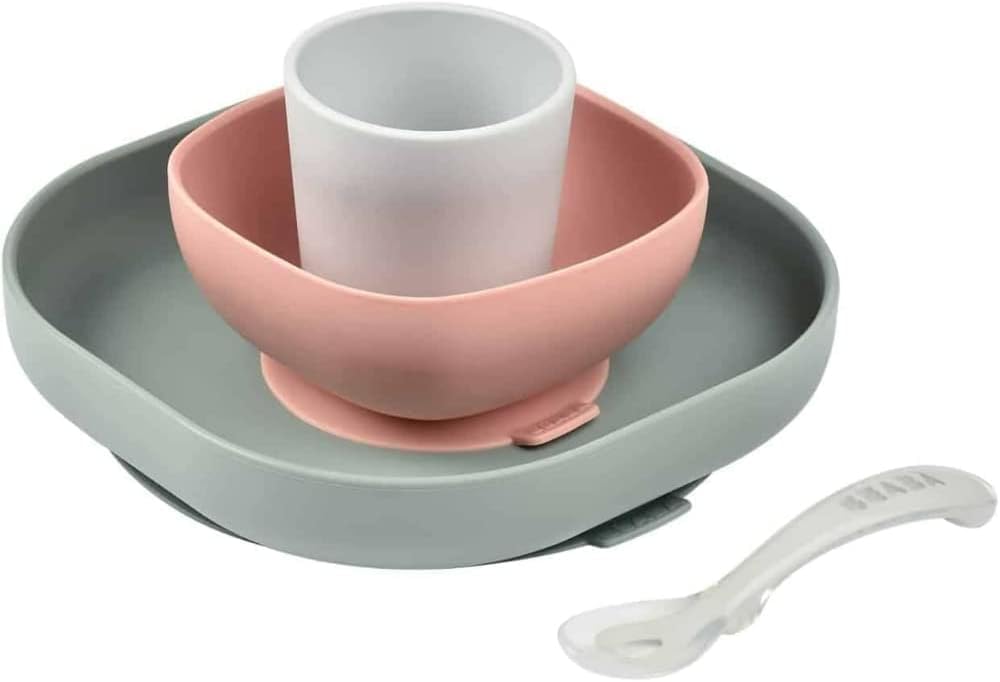 BÉABA, Set Vaisselle Silicone Repas Bébé, Avec Ventouse, Anti-dérapant, 4 Pièces, Assiette + Bol+ Verre + Cuillère & Lot de 12 Portions Conservation et 2 Cuillères Silicone, Clip, Pots empilables
