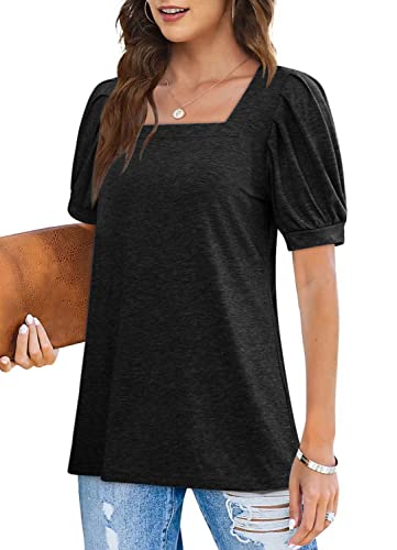 Square Neck Tunic Tops For Women Loose Fit Flowy Flattering T-Shirts Summer Black M #TOP3