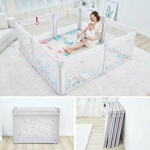 Baby playpen for toddlers foldable playpen safe anti fall play yard visible mesh play pen with zipper gate baby fence play area with pull up rings adjustable baby play yards grey 71×59  urban country home decor