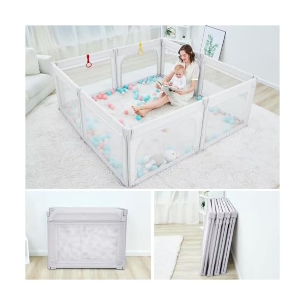 Baby playpen for toddlers foldable playpen safe anti fall play yard visible mesh play pen with zipper gate baby fence play area with pull up rings adjustable baby play yards grey 71×59  urban country home decor