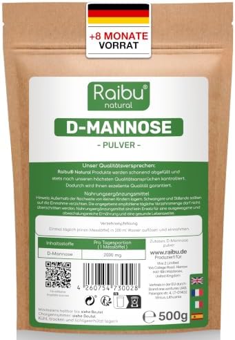 D-Mannose Pulver 500g - in Deutschland abgefüllt & laborgeprüft | 8,3 Monate Vorrat, D Mannose Pulver - Natürlich, Vegan - Extra Dosierlöffel - Raibu
