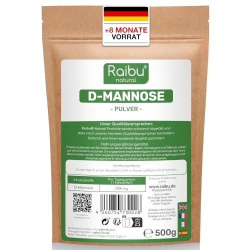 D-manoza u prahu - 500 g (zaliha za 8,3 mjeseca) - D manoza u prahu flaširana u Njemačkoj - Prirodno, vegansko i laboratorijski testirano - Dodatna žlica za doziranje - RAIBU