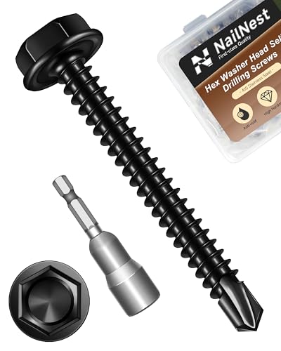 nailnest 100PCS #8 x 1-1/2" Self Drilling Screws, Black Self Tapping Screws for Metal, 410 Stainless Steel Hex Washer Head Sheet Metal Screw, Quick Tapping with 7mm Hex Socket