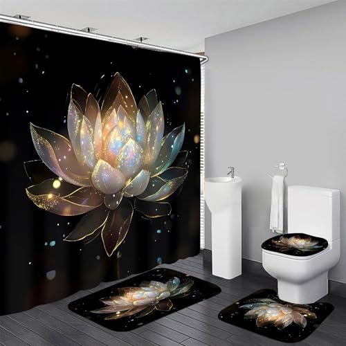 AZHM 4PCS Lotus Shower Curtain Set Black and Gold Flower