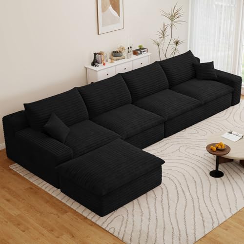 Image of 136 inch Cloud Couch Modular Sectional Sofa for Living Room, L-Shape Boneless Couch with Deep Seat, Modern Corduroy 4-Seater with Ottoman, No Assembly Required, Black