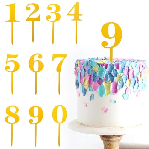 10 piezas número Cake Topper, números del 0 al 9, accesorios de decoración de pasteles acrílicos, decoración para tartas de cumpleaños, adecuado para fiestas de cumpleaños, fiestas de boda(‎Dorado)
