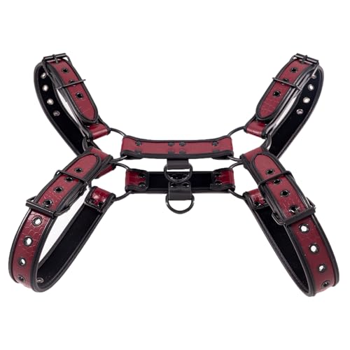 ZZRBVFH Men's PU Leather Body Harness with Crocodile Texture - Adjustable Fitness Vest for Gym, Motorcycle - Black/Red/Green/Blue (Red)