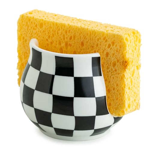 Zoeeker Checkered Sponge Holder for Kitchen Sink, Ceramic Dish Sponge