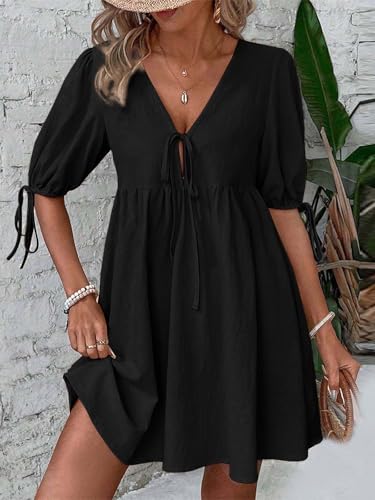 Image of IDEALSANXUN Linen Dresses for Women 2025 Spring Summer Beach Tie Front V Neck Short Sleeve A Line Cute Flowy Swing Mini Sundress,Black,L