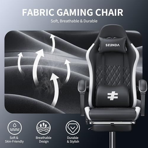 seenda Fabric Gaming Chair with Footrest, Ergonomic Computer Chairs with Reclining Backrest, Massage Lumbar Support and Adjustable Height for Teenages Adults up to 275lbs/125kg, Home and Office, Black - Image 4