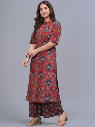 Image of Leriya Fashion Women Printed Kurta Set with Palazzo Pants | Straight Kurta with 3 /4 Sleeves | Ethnic Jaipuri Kurtis Palazzo Set for Women | Kurti for Daily Office & Casual