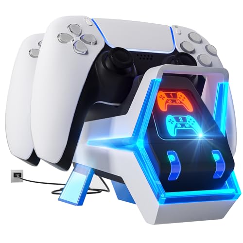 Fenolical Estación de Carga para Mando PS5, Carga para Mando PS5 Accesorios de estación de Carga Doble Playstation5 Estilo Perro electrónico con indicador LED, Azul/Blanco
