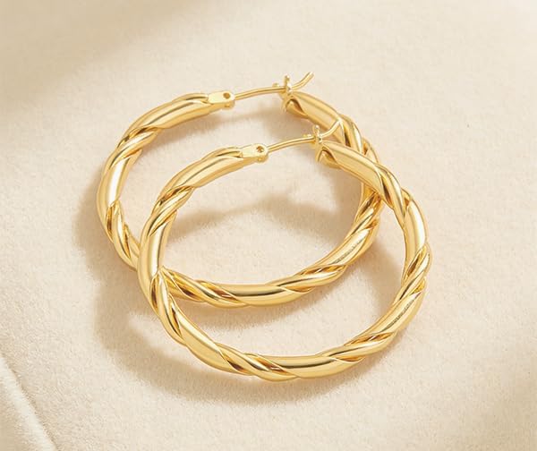 Trendy Hypoallergenic 14K Gold Twisted Hoops for Women image 3
