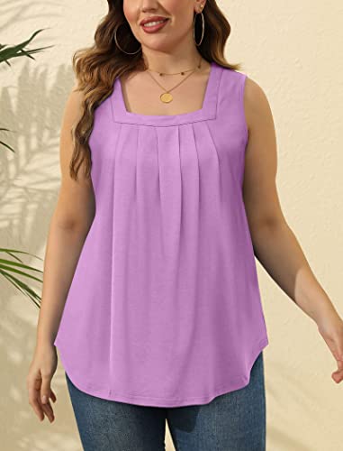 Image of Saloogoe Summer Tank Tops for Women Loose Fit Pleated Square Neck Sleeveless Tops Curved Hem Flowy