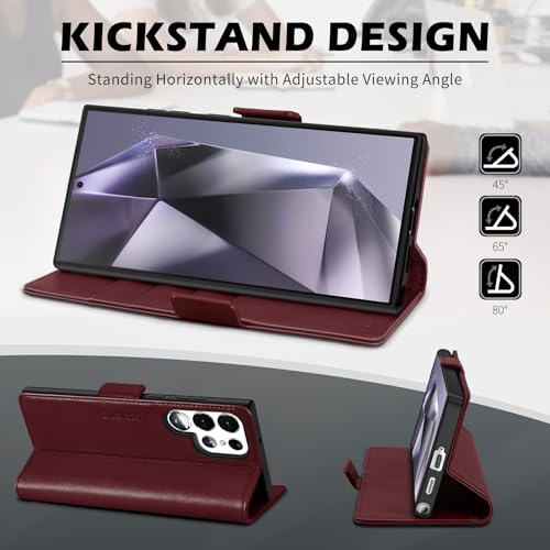 SHIELDON Wallet Case for Galaxy S25 Ultra 6.9", Genuine Leather Folio Magnetic Wallet Cover RFID Blocking Credit Card Holder Kickstand Shockproof Case Compatible with Galaxy S25 Ultra - Nappa Wine Red