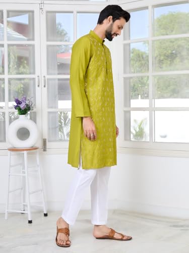 Image of See Designs Men's Full Sleeve Mandarin Collar Ethnic Motifs Embroidered Sequinned Mandarin Collar Straight Long Kurta with Pyjama - Festive Collection