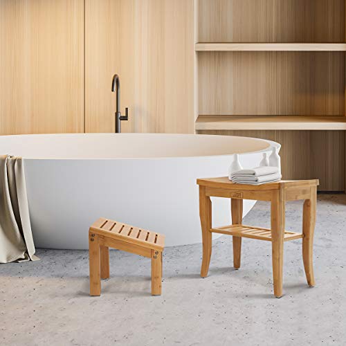 Oasiscraft Bamboo Shower Bench Chair With Foot Stool And Free Soap Dish, Wood Spa Bath Seat Wooden Bathroom Stool Bath Organizer Seat With Underneath Storage Shelf, Perfect For Indoor Outdoor #TOP7
