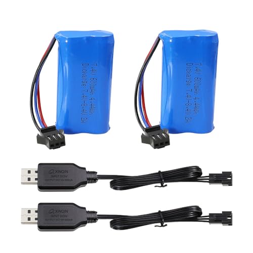 KBT 2 Pack 7.4V Lithium Battery SM-3P Plug, 600mAh Rechargeable RC Battery with 2 USB Charging Cable for DE82 TK3086B G20601 RC Toy RC Car