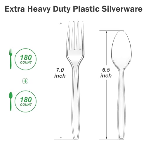 Dealusy 360 Count Extra Heavy Duty Clear Plastic Forks and Spoons, 180 Forks & 180 Spoons, Heat Resistant, Disposable Plastic Silverware Set