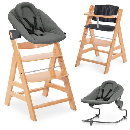 hauck Alpha+ Newborn Set mit Premium Bouncer Dark Grey - Baby Holz Hochstuhl ab Geburt mit Liegefunktion - extra flacher Aufsatz für Neugeborene & Baumwoll Sitzpolster - Natur