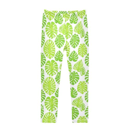 Simple Green Leaves Prints Girls Leggings Soft Comfortable Athletic Leggings Dancing Pants for 4-10 Years