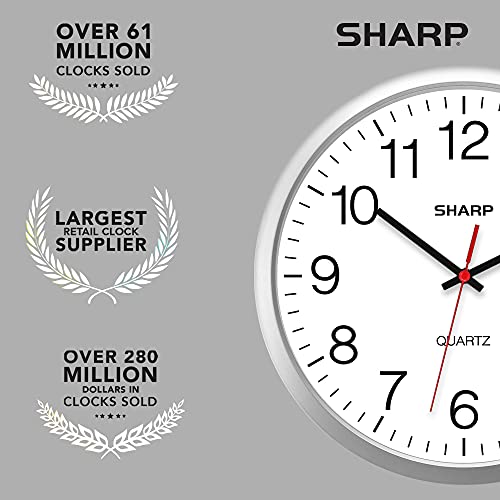 Sharp Wall Clock – Silver, Silent Non Ticking 14 Inch Quality Quartz Battery Operated Round Easy To Read Home/Kitchen/Office/Classroom/School Clocks, Sweep Movement #TOP6
