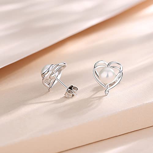 Fancime Pearl Earrings For Women 925 Sterling Silver Double Heart Pearl Stud Earrings With Genuine Quality 6-6.5Mm White Freshwater Cultured Pearls Fine Jewelry For Women #TOP2