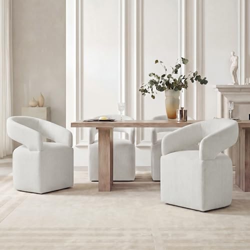 Image of KISLOT Upholstered Dining Chairs Set of 4, Modern Arm Kitchen & Dining Room Chairs with Hidden Casters, Linen Fabric Padded Rolling Chairs, Sturdy Wood Frame, 300 lbs Capacity, Light Linen