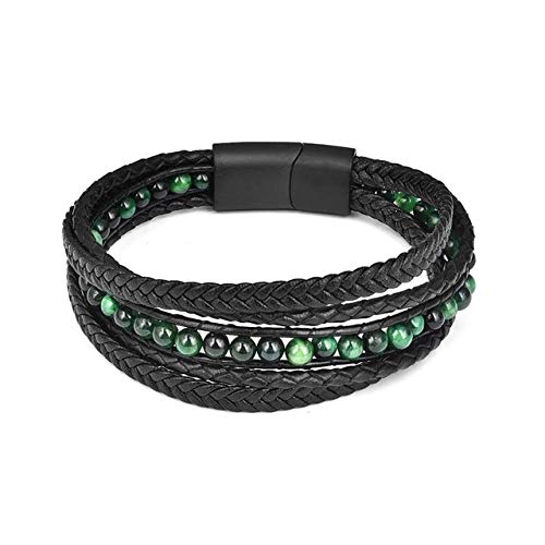 Multilayer Leather Bracelet with Natural Stone Beads (Green Approx. 22cm)