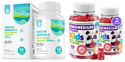 Kids Magnesium Gummies Sugar-Free 2 Pack And Vegan Omega 3 Dha & Epa Supplement - 60 Softgels Of Algae Omega-3 Fatty Acids #TOP21