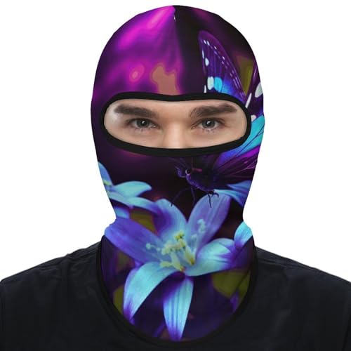 Balaclava para hombre, máscara para esquí, color azul con flores y mariposas moradas, cubre rostro para ciclismo miniatura 7