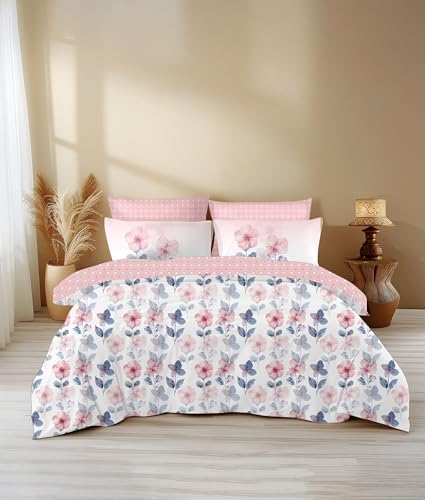 Image of LANE LINEN 400TC Morrison Bloom Super King Size Bedsheet with 4 Pillow Cases | 100% Cotton Digital Print Bedding Set (2.74 M x 2.74 M) | Modern Floral Pattern for Luxurious Comfort (Pink & Blue)