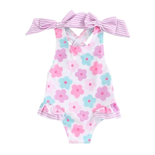 Image of Toddler Kids Girl One Piece Swimsuit Floral Sleeveless Backless Swimwear Bowknot Ruffled Bathing Suit Beachwear