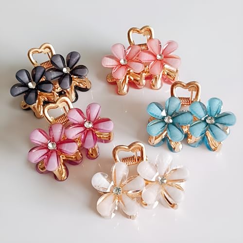 Image of PACTIV 5Pcs Elegant Crystal Flower Hair Claw - Medium Size, Alloy Flower Clip For Women & Girls, Cute & Stylish Side Hair Accessory, Multicolor