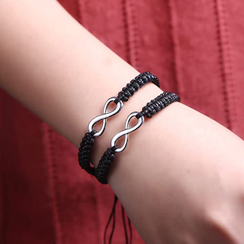 Rinhoo 2Pc/Set Stainless Steel 8 Infinity Couple Bracelet Braided Leather Rope Bangle Wrist Adjustable Chain Fit 7-9 Inch For Lover Friendship (2Pc Black) #TOP1