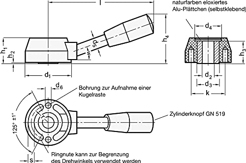 ELESA-Schalthebel, Kunststoff, 75mm Schalthebel-Ø, 18mm Vierkant-Loch