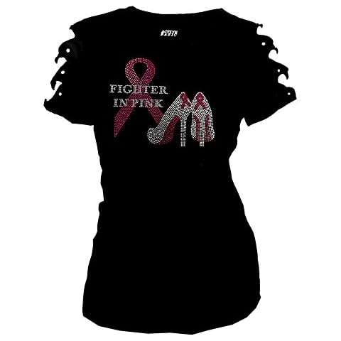 Breast Cancer Bling Rhinestones Fighter in Pink T-Shirt Ripped Cut Out Sh (Large) Cover