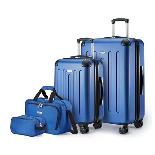 Amazon Basics 4-Piece Hardside Luggage Set with Multidirectional Spinner Wheels, 22" Carry-On, 28" Checked Suitcase, 15" Tote Bag and 10" Travel Case, Navy Blue