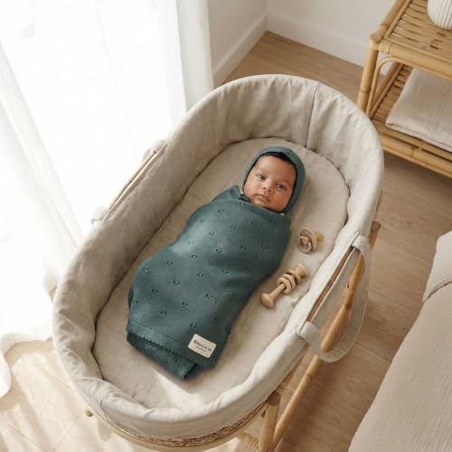 Image of 100% Luxury Organic Cotton Pointelle Knit Baby Quilt Blanket - Refined Lightweight Heirloom Nursery Essential (Pointelle - Forest Green)