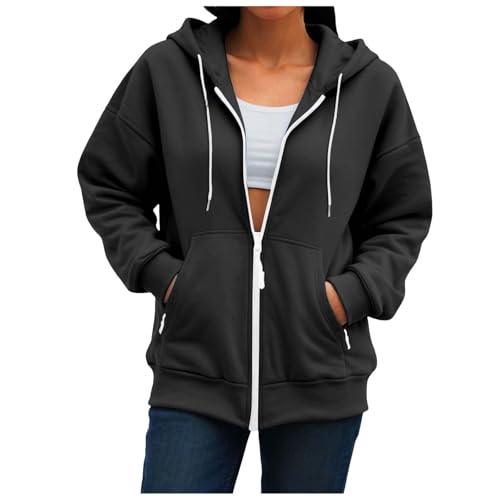 OVARA Women's Hoodies Zip Up Casual Sport Jacket with Hood Front Pockets Long Sleeve Zipped Sweatshirts Ladies Loose Fit Plain Lightweight Running Gym Jacket