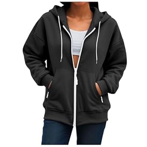 Women’s Hoodies Zip Up Casual Sport Jacket with Hood Front Pockets Long Sleeve Zipped Sweatshirts Ladies Loose Fit Plain Lightweight Running Gym Jacket