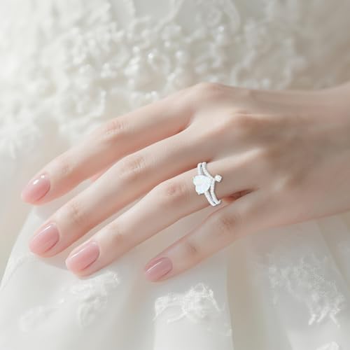 White Opal with Moissanite or Diamond Engagement Ring Set 925 Sterling Silver Created Opal Wedding Bridal Ring Set for Women Size 5-184